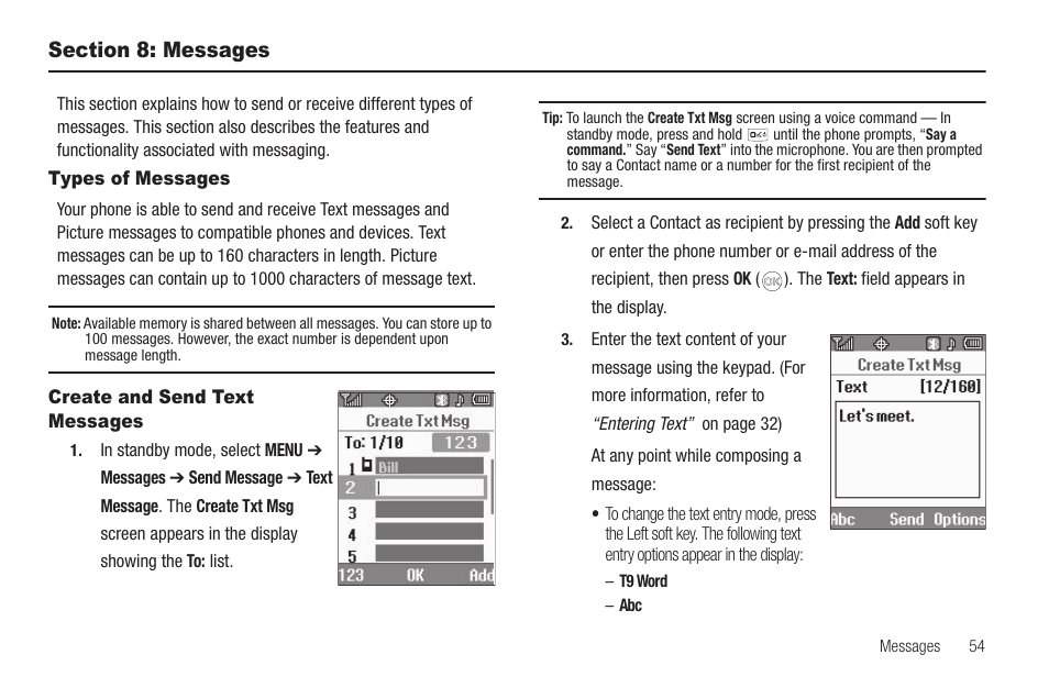 Section 8: messages, Types of messages, Create and send text messages | Types of messages create and send text messages | Samsung SCH-R420DAAMTR User Manual | Page 57 / 153