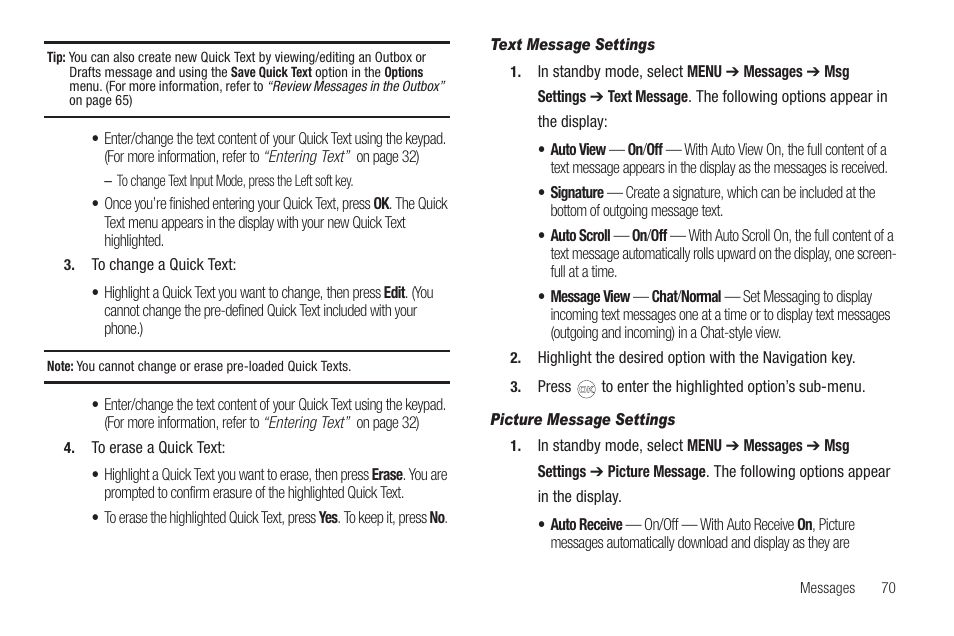 Text message settings, Picture message settings, For more information, refer to | Option. (for more information, refer to | Samsung SCH-R420DAAMTR User Manual | Page 73 / 153