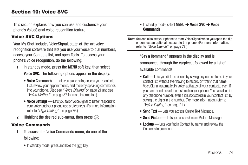 Section 10: voice svc, Voice svc options, Voice commands | Voice svc options voice commands | Samsung SCH-R420DAAMTR User Manual | Page 77 / 153