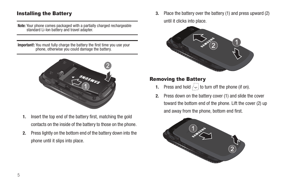 Installing the battery, Removing the battery, Installing the battery removing the battery | Samsung SCH-R420DAAMTR User Manual | Page 8 / 153