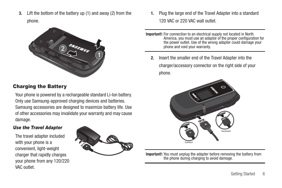 Charging the battery, Use the travel adapter | Samsung SCH-R420DAAMTR User Manual | Page 9 / 153