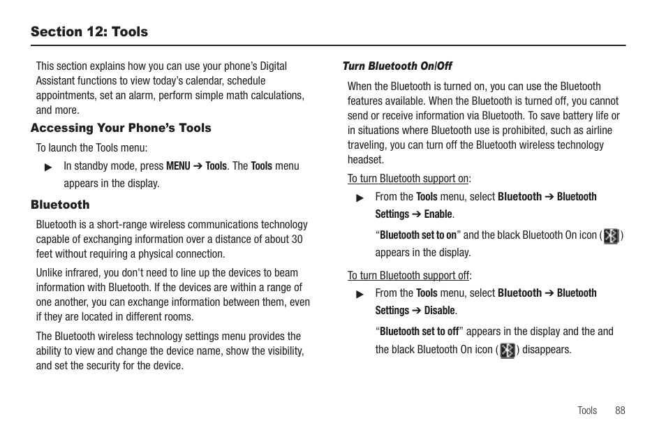Section 12: tools, Accessing your phone’s tools, Bluetooth | Turn bluetooth on/off | Samsung SCH-R420DAAMTR User Manual | Page 91 / 153