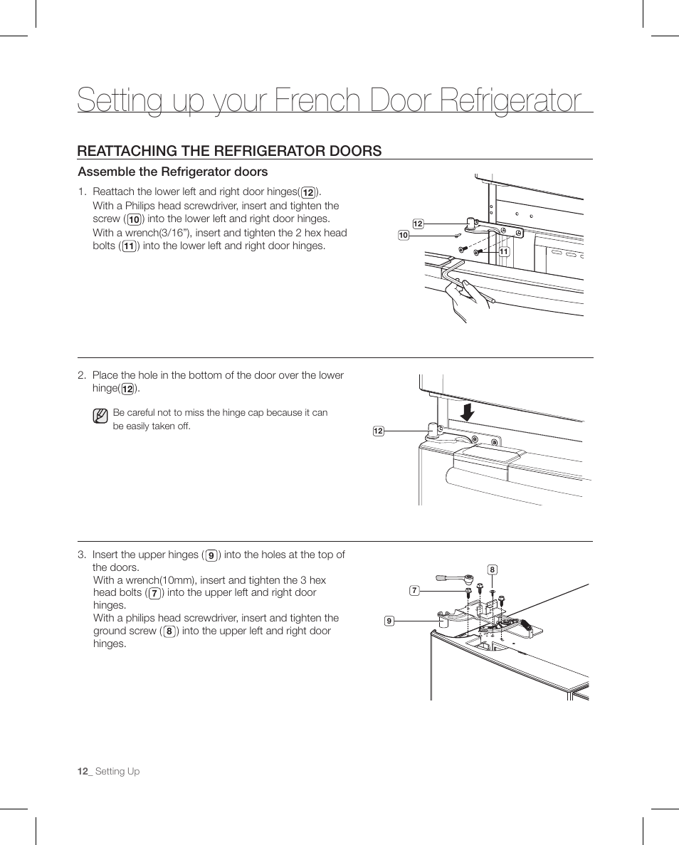 Setting up your french door refrigerator, Reattaching the refrigerator doors | Samsung RFG297AAPN-XAA User Manual | Page 12 / 84