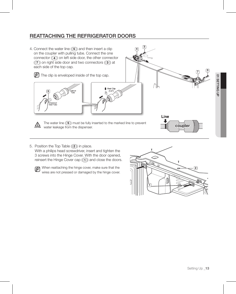 Reattaching the refrigerator doors | Samsung RFG297AAPN-XAA User Manual | Page 13 / 84