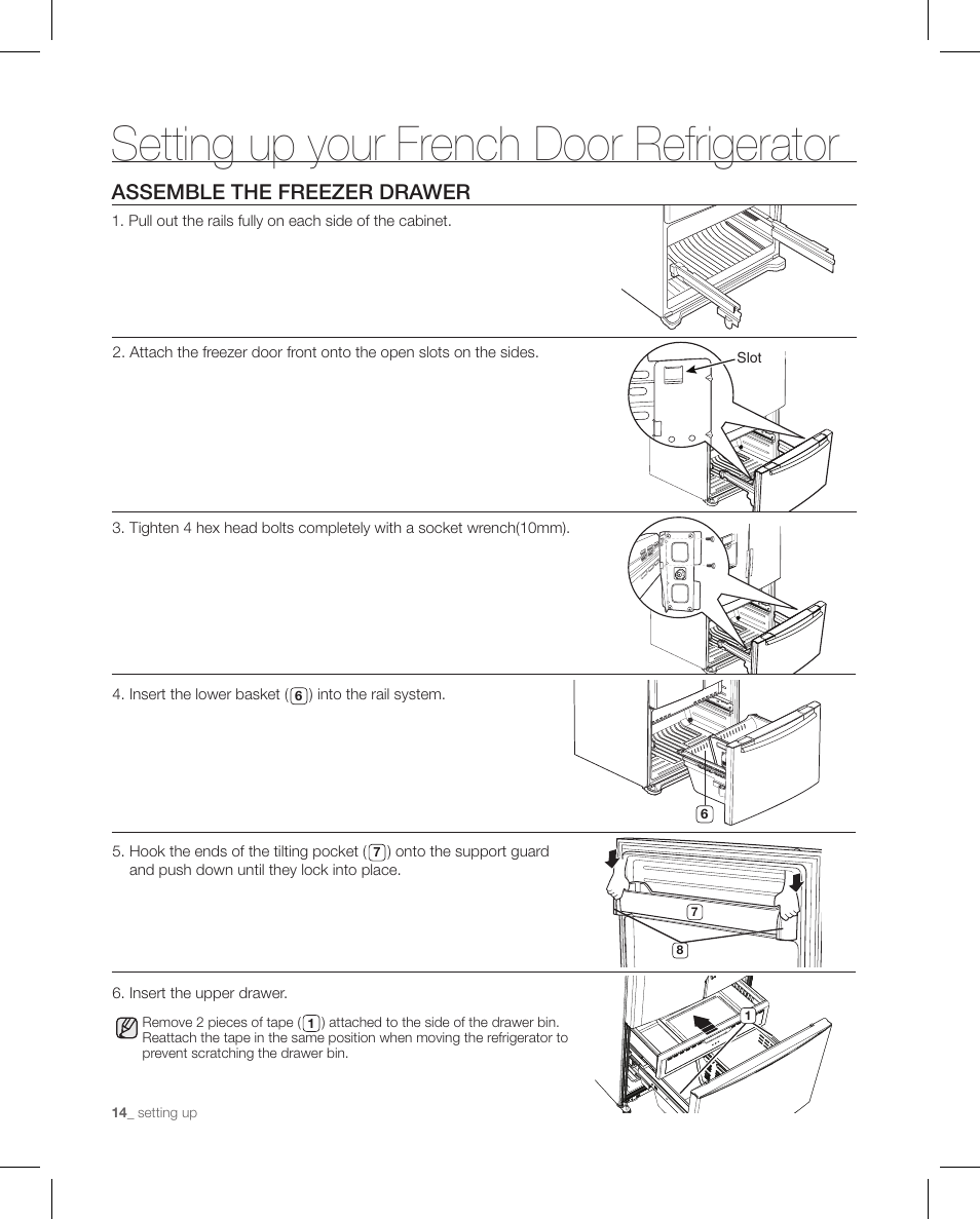 Setting up your french door refrigerator, Assemble the freezer drawer | Samsung RFG297AAPN-XAA User Manual | Page 14 / 84