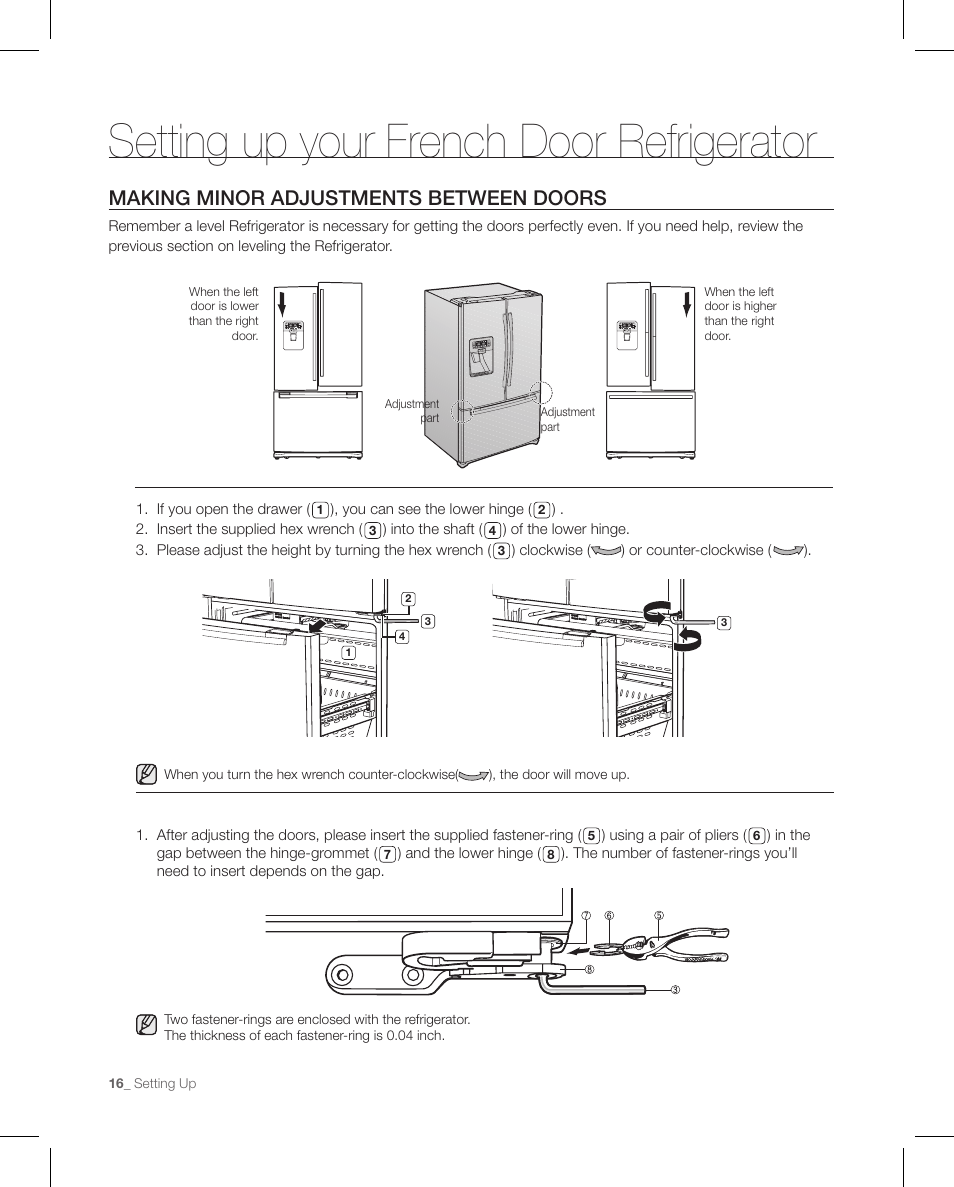 Setting up your french door refrigerator, Making minor adjustments between doors | Samsung RFG297AAPN-XAA User Manual | Page 16 / 84