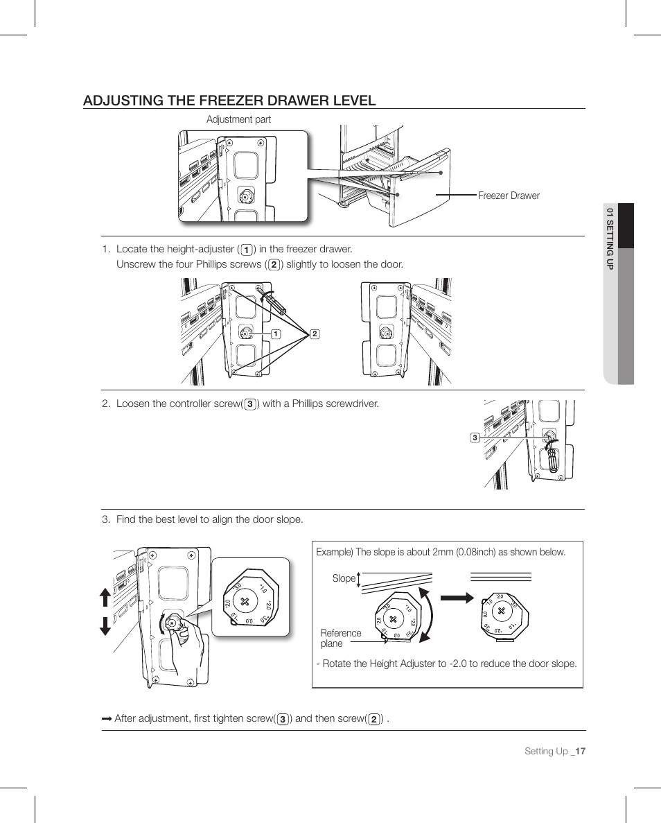 Adjusting the freezer drawer level | Samsung RFG297AAPN-XAA User Manual | Page 17 / 84