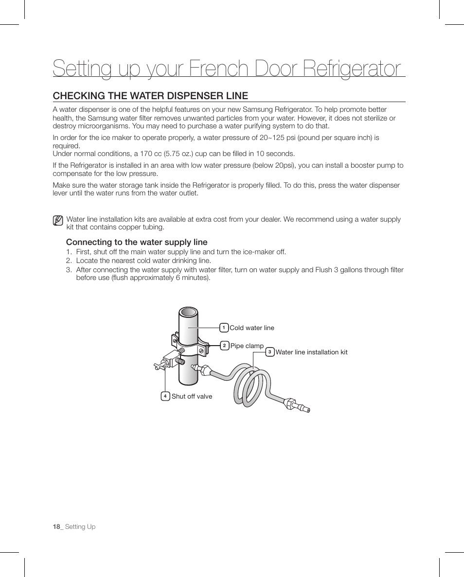 Setting up your french door refrigerator, Checking the water dispenser line | Samsung RFG297AAPN-XAA User Manual | Page 18 / 84