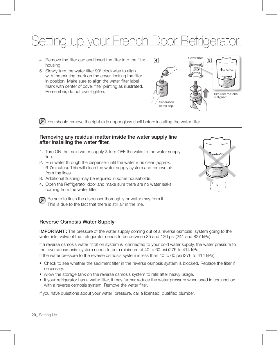 Setting up your french door refrigerator | Samsung RFG297AAPN-XAA User Manual | Page 20 / 84