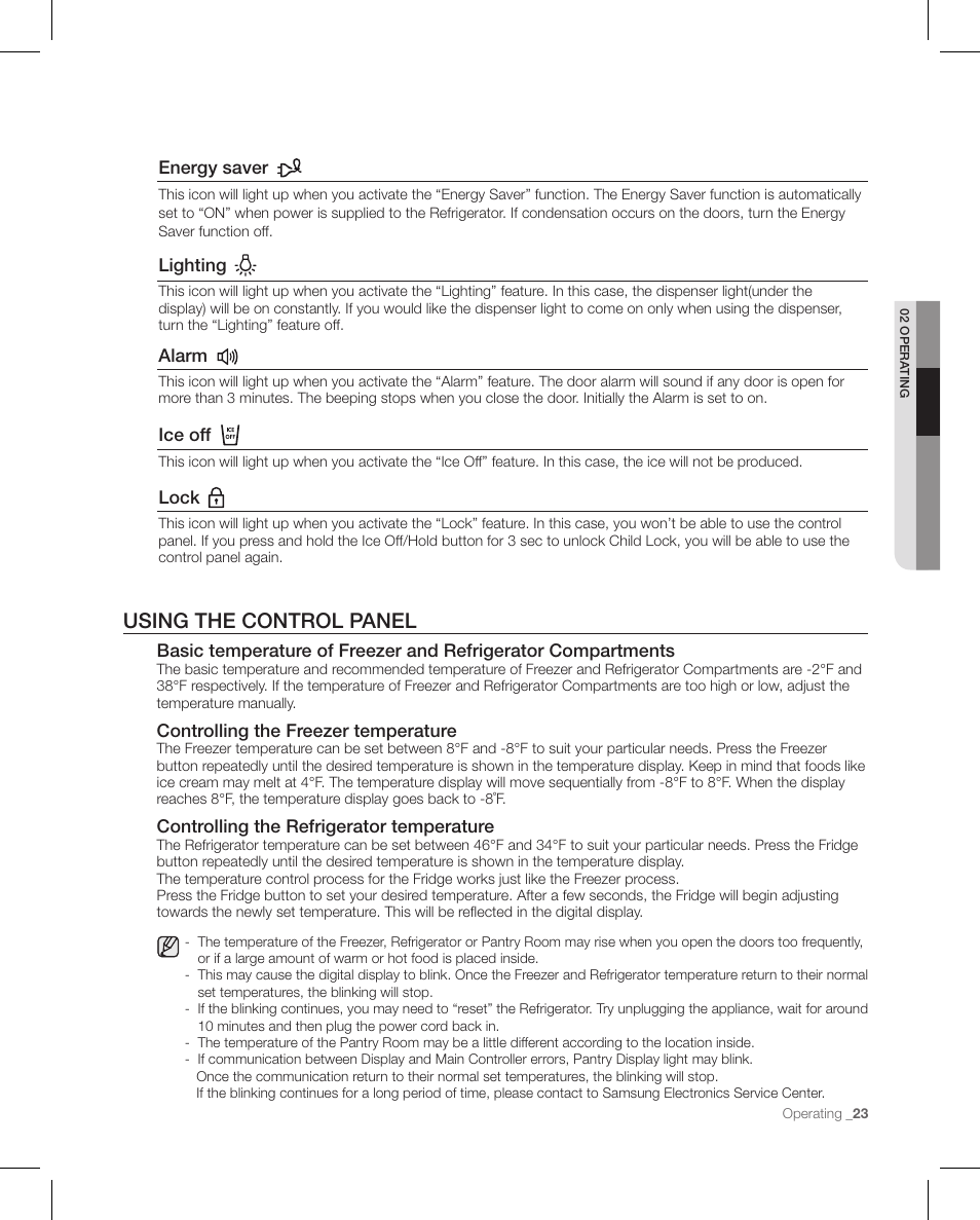 Using the control panel | Samsung RFG297AAPN-XAA User Manual | Page 23 / 84