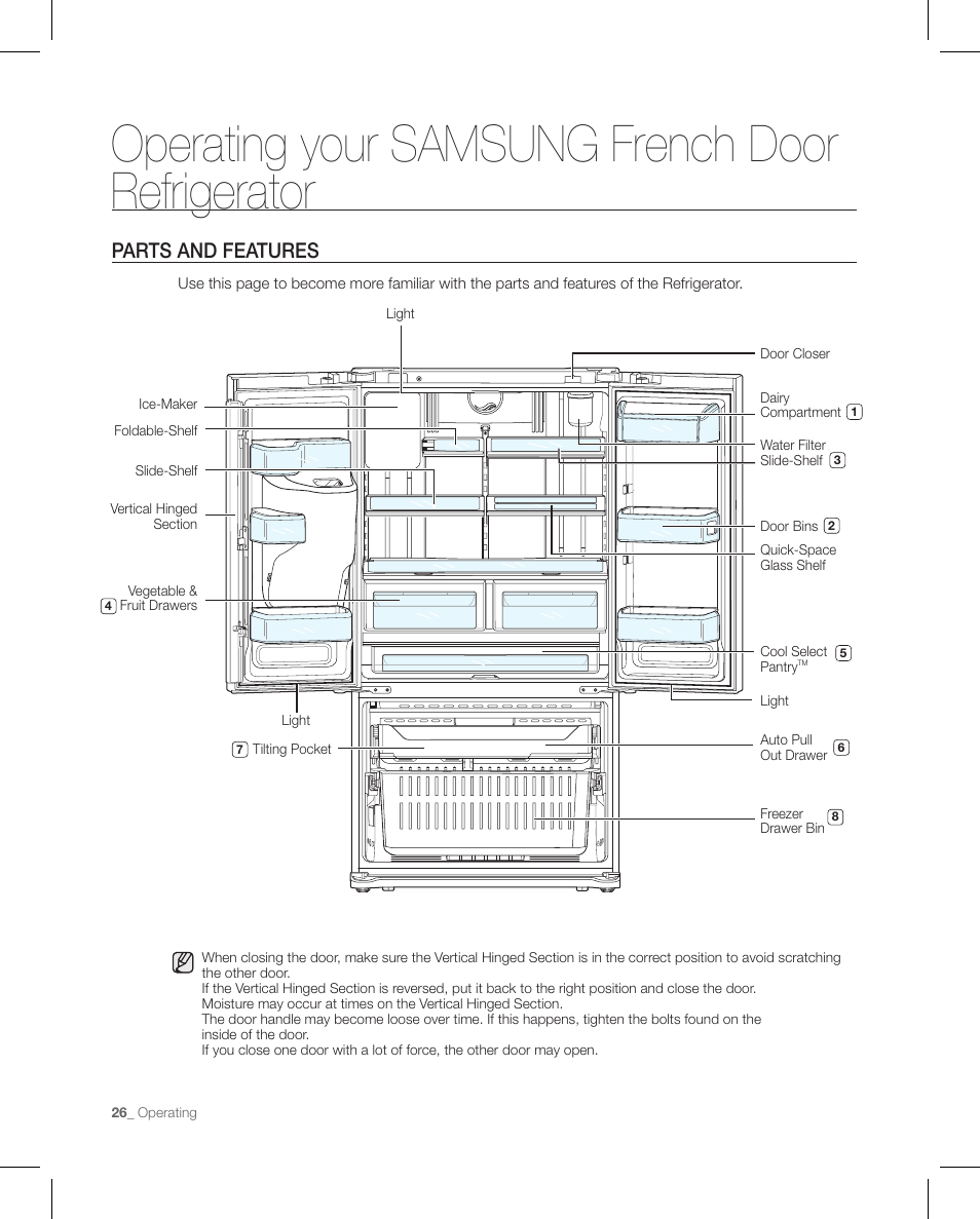 Operating your samsung french door refrigerator, Parts and features | Samsung RFG297AAPN-XAA User Manual | Page 26 / 84