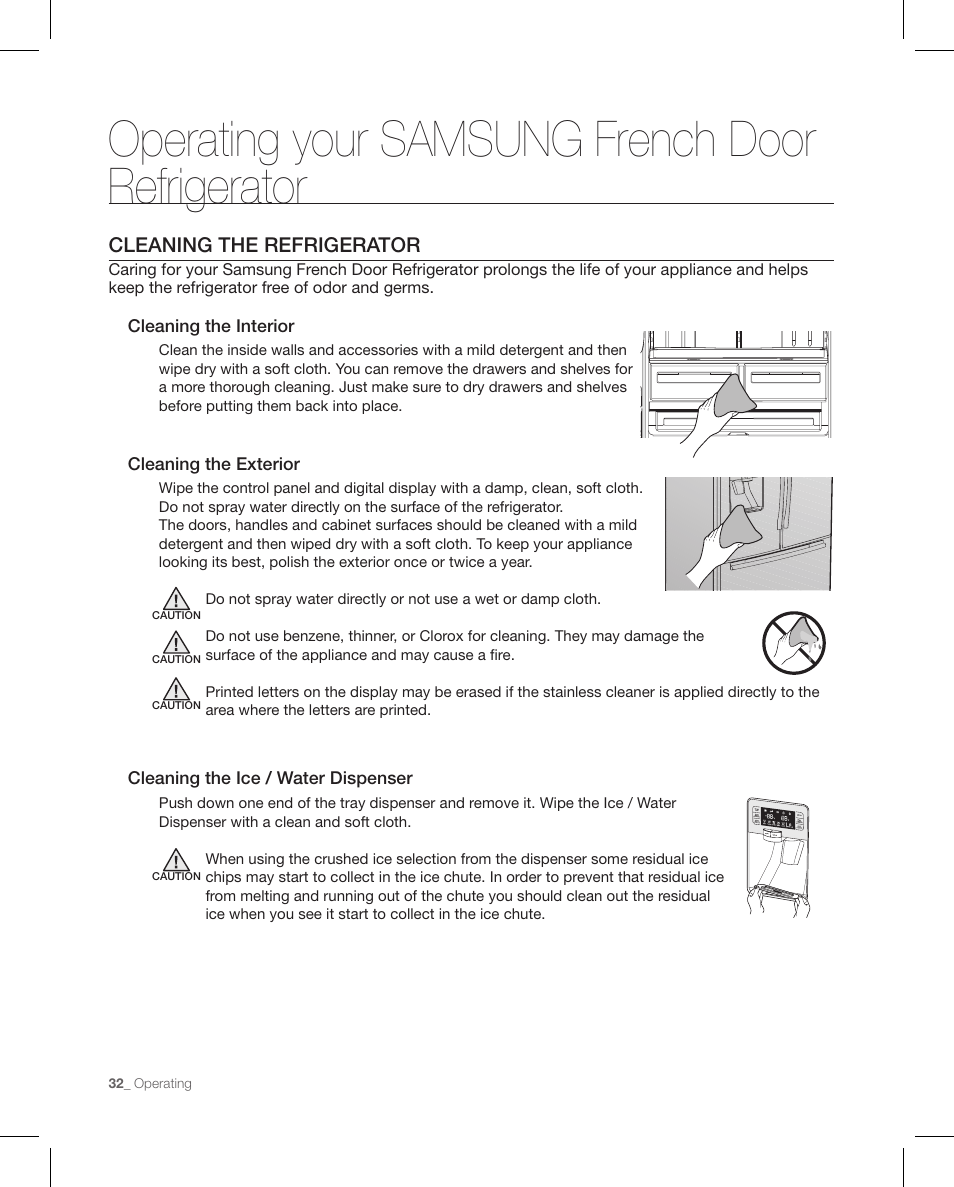 Operating your samsung french door refrigerator | Samsung RFG297AAPN-XAA User Manual | Page 32 / 84