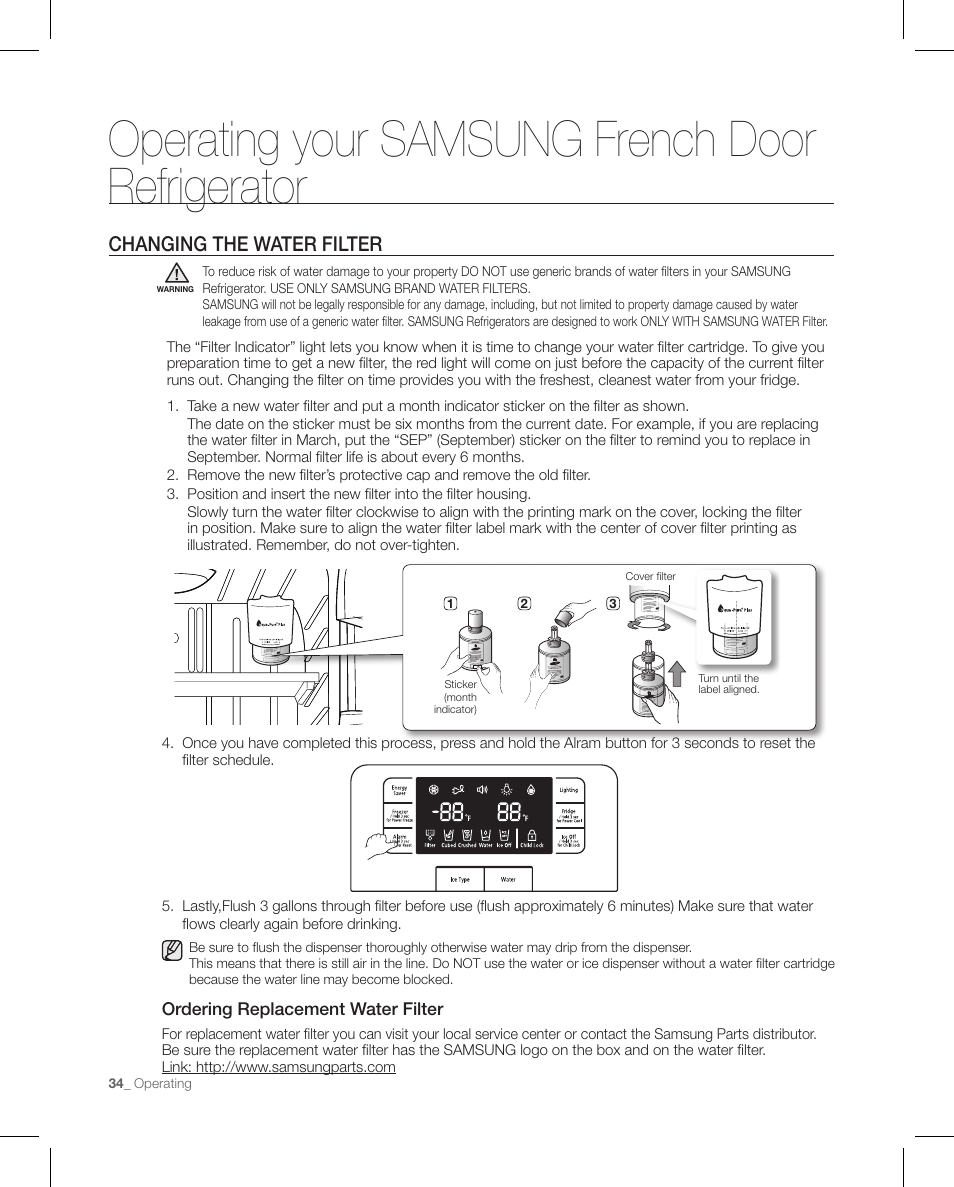 Operating your samsung french door refrigerator, Changing the water filter | Samsung RFG297AAPN-XAA User Manual | Page 34 / 84