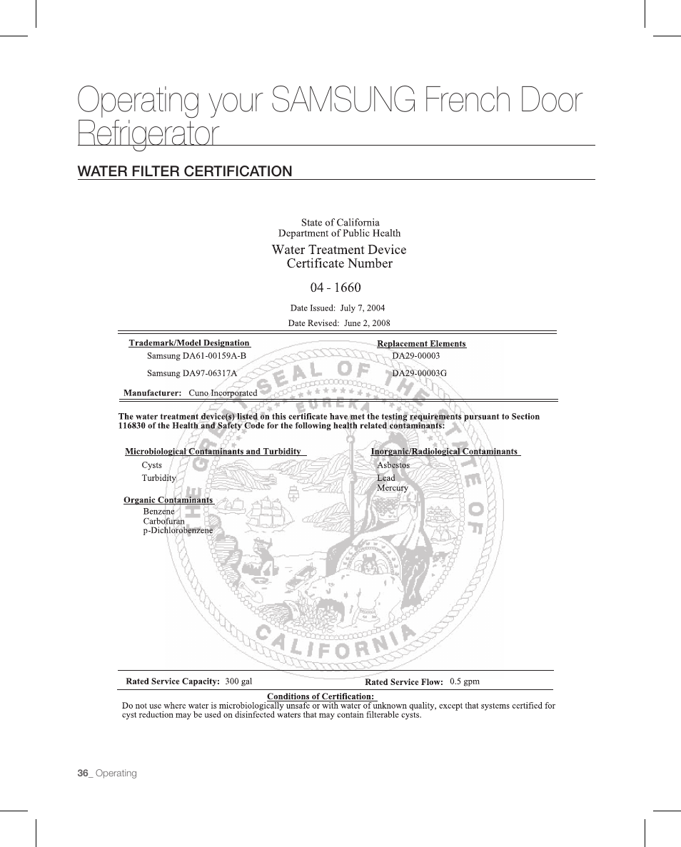 Operating your samsung french door refrigerator | Samsung RFG297AAPN-XAA User Manual | Page 36 / 84