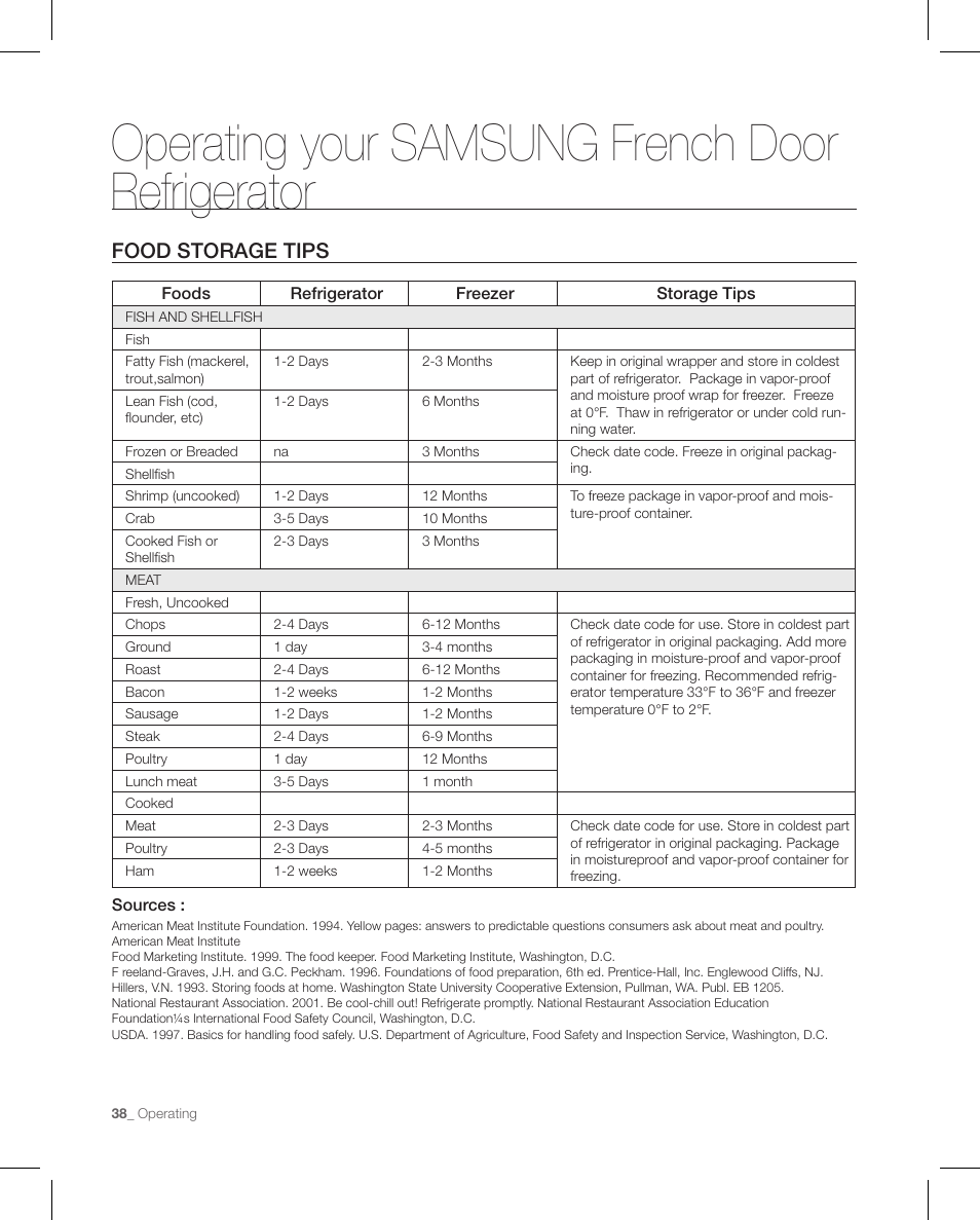 Operating your samsung french door refrigerator, Food storage tips | Samsung RFG297AAPN-XAA User Manual | Page 38 / 84