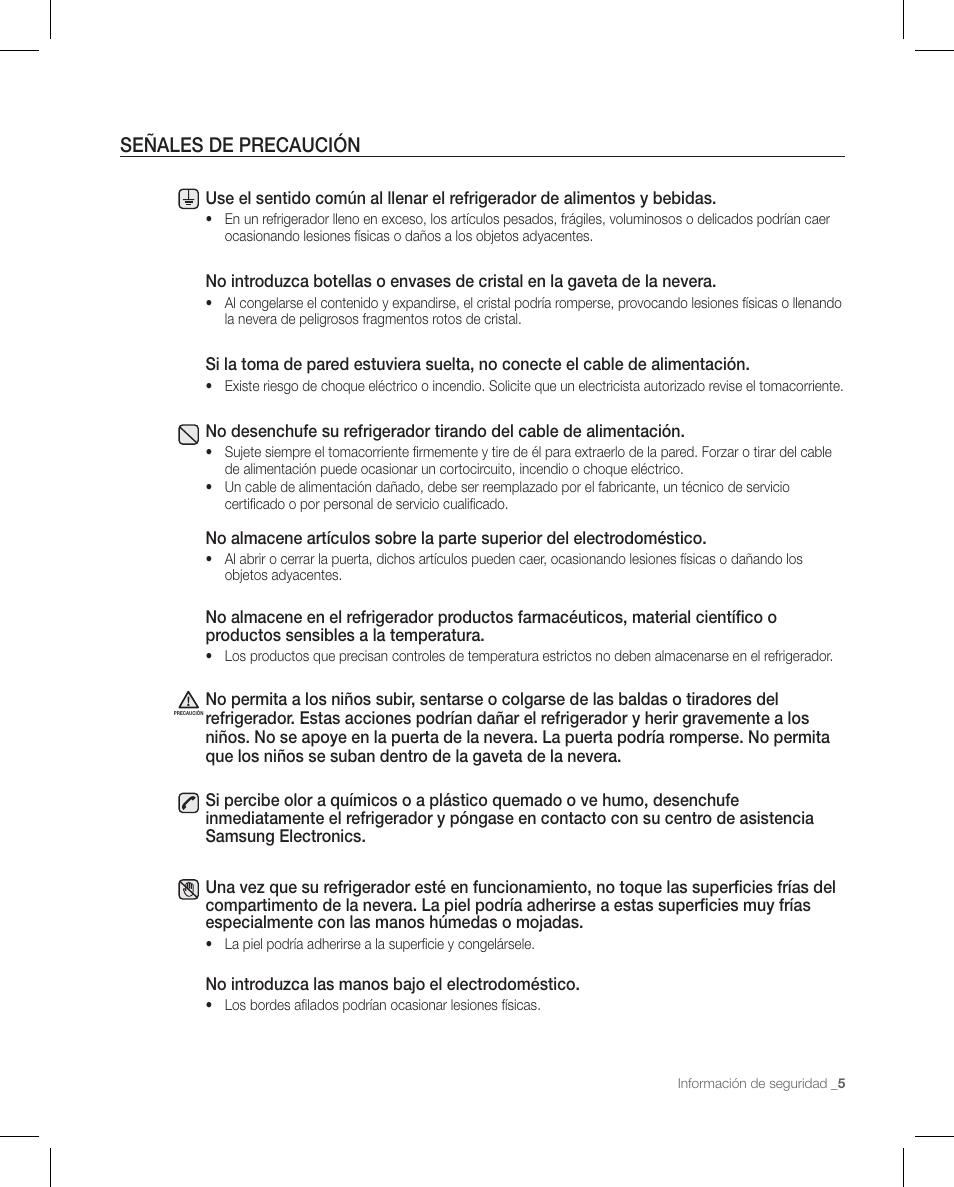 Señales de precaución | Samsung RFG297AAPN-XAA User Manual | Page 47 / 84