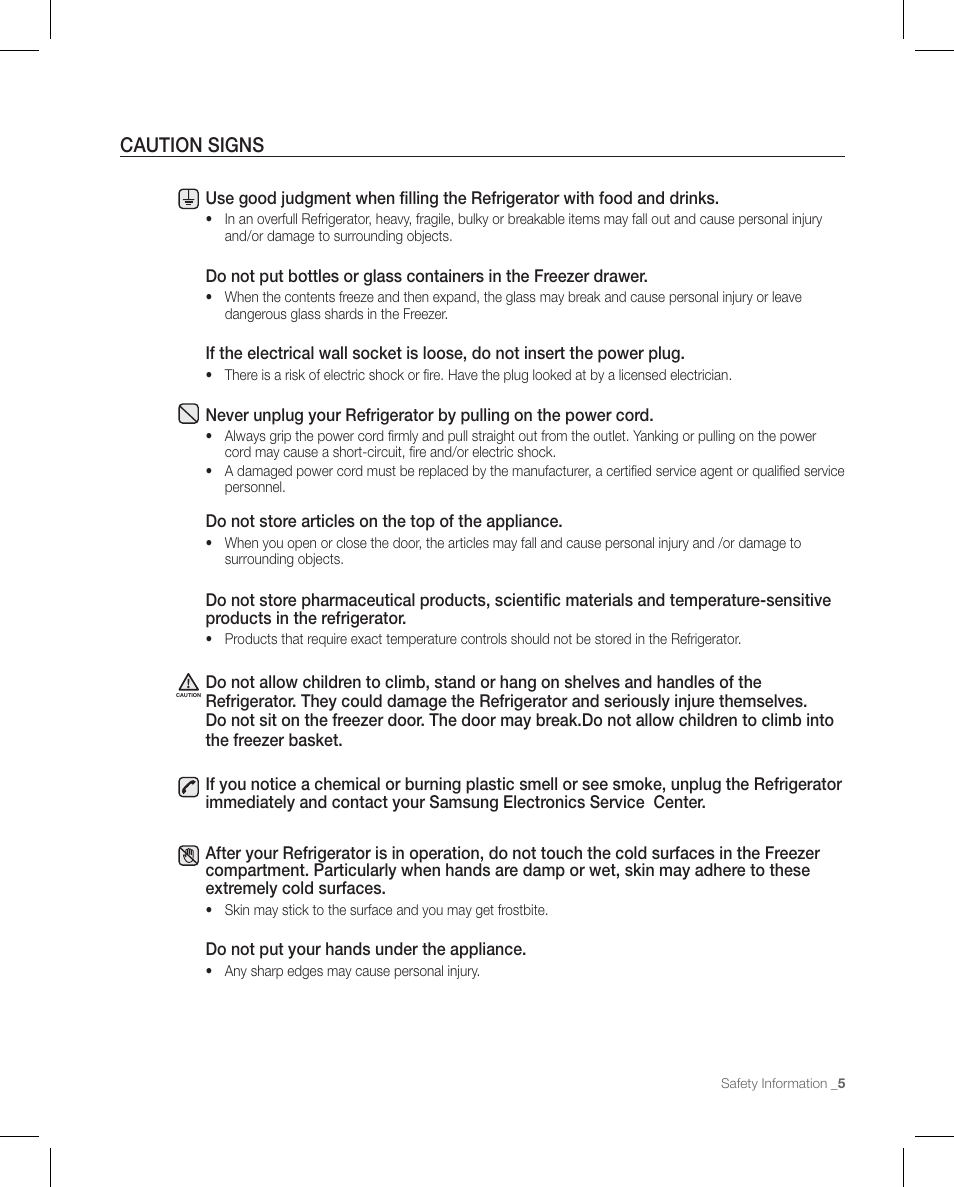 Caution signs | Samsung RFG297AAPN-XAA User Manual | Page 5 / 84