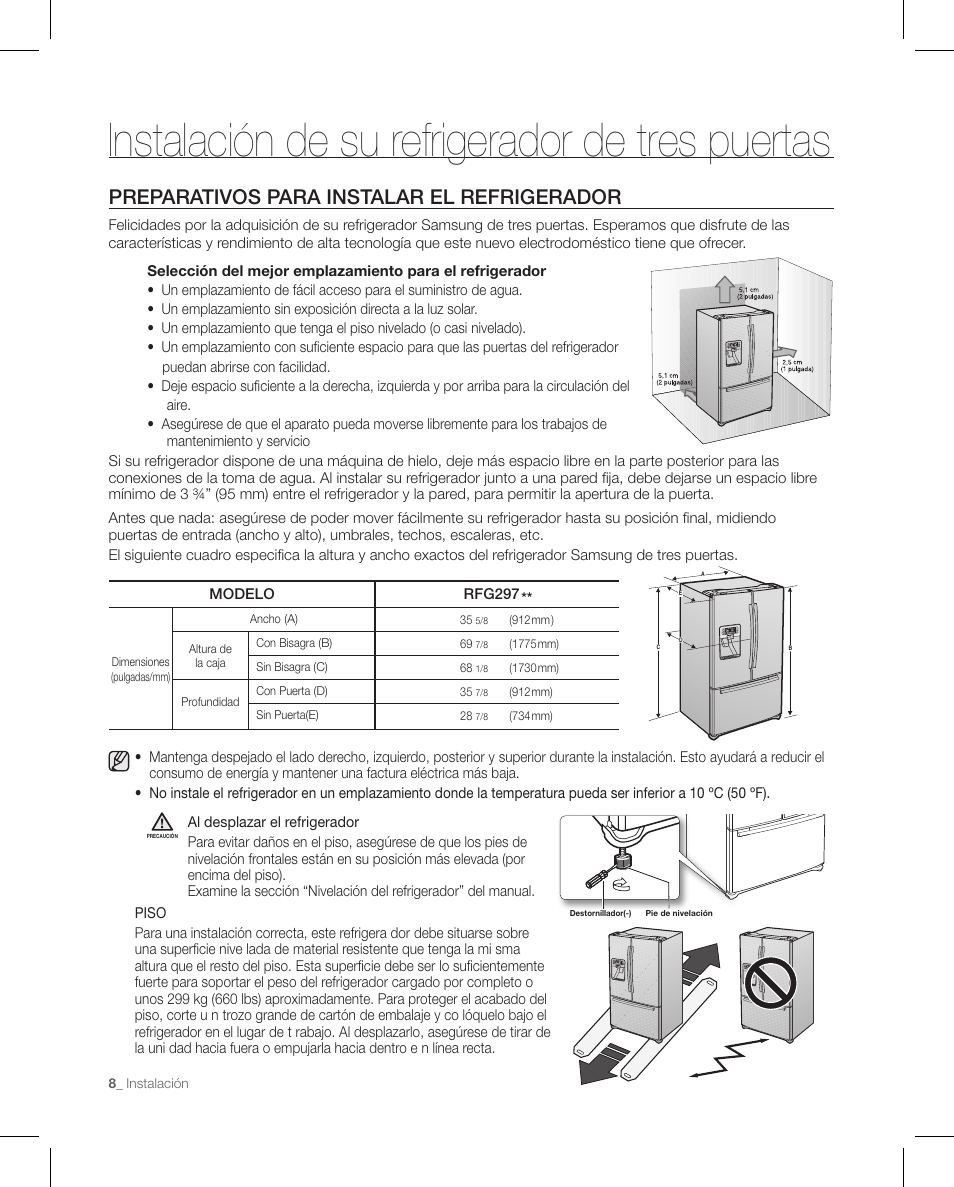 Instalación de su refrigerador de tres puertas, Preparativos para instalar el refrigerador | Samsung RFG297AAPN-XAA User Manual | Page 50 / 84