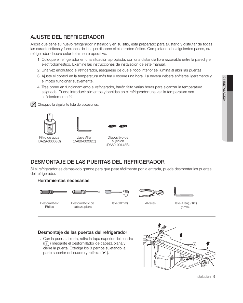 Desmontaje de las puertas del refrigerador, Ajuste del refrigerador | Samsung RFG297AAPN-XAA User Manual | Page 51 / 84