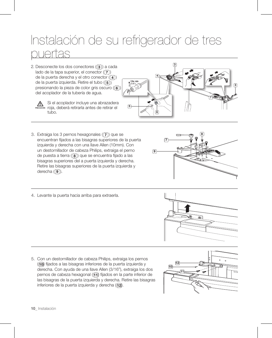 Instalación de su refrigerador de tres puertas | Samsung RFG297AAPN-XAA User Manual | Page 52 / 84