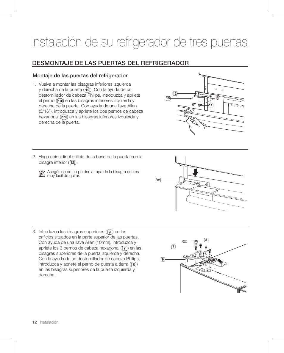 Instalación de su refrigerador de tres puertas, Desmontaje de las puertas del refrigerador | Samsung RFG297AAPN-XAA User Manual | Page 54 / 84