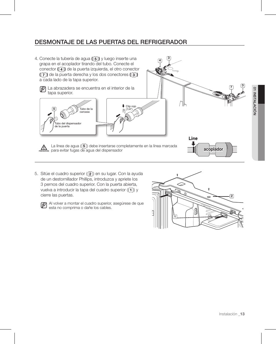 Desmontaje de las puertas del refrigerador, Acoplador | Samsung RFG297AAPN-XAA User Manual | Page 55 / 84