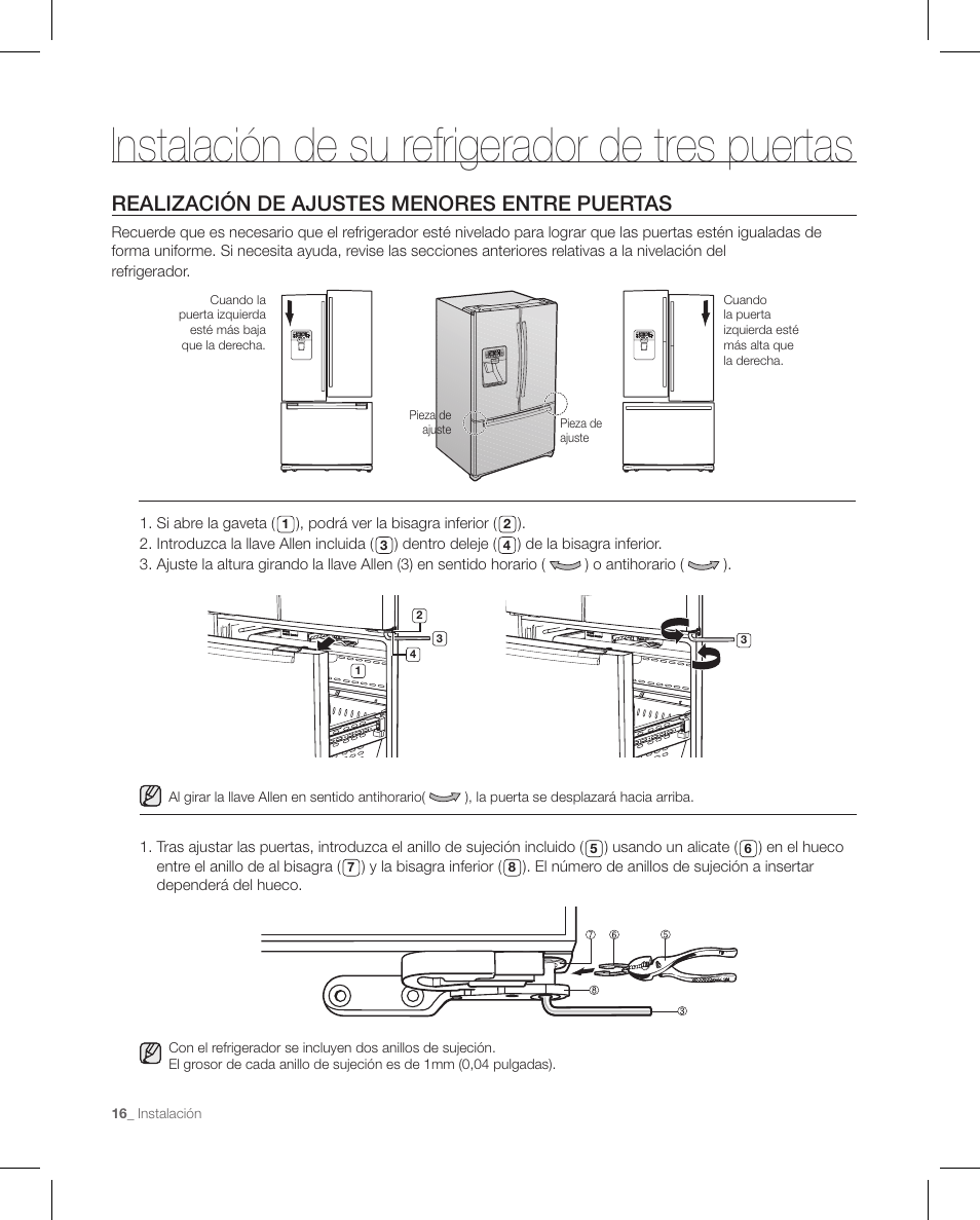 Instalación de su refrigerador de tres puertas, Realización de ajustes menores entre puertas | Samsung RFG297AAPN-XAA User Manual | Page 58 / 84