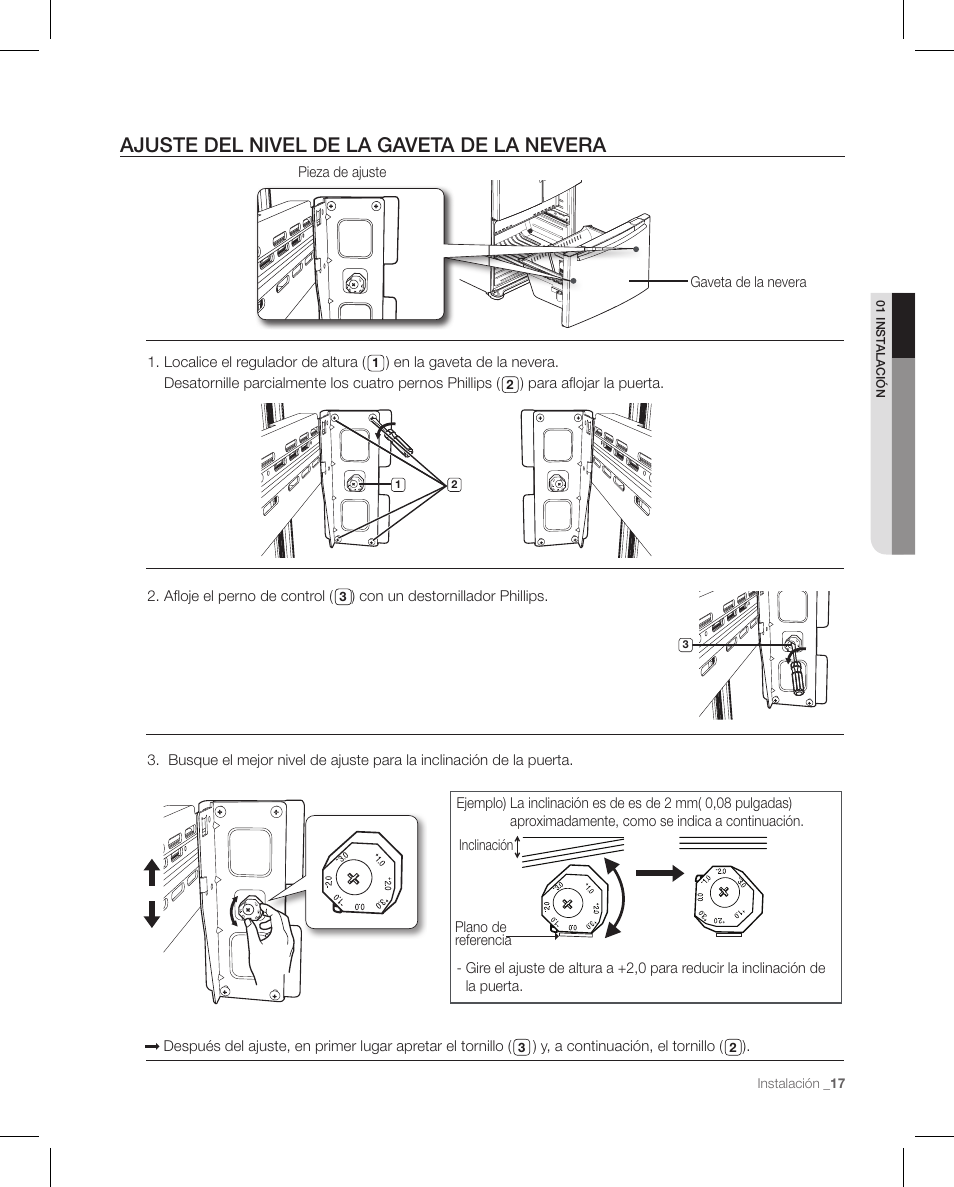 Ajuste del nivel de la gaveta de la nevera | Samsung RFG297AAPN-XAA User Manual | Page 59 / 84