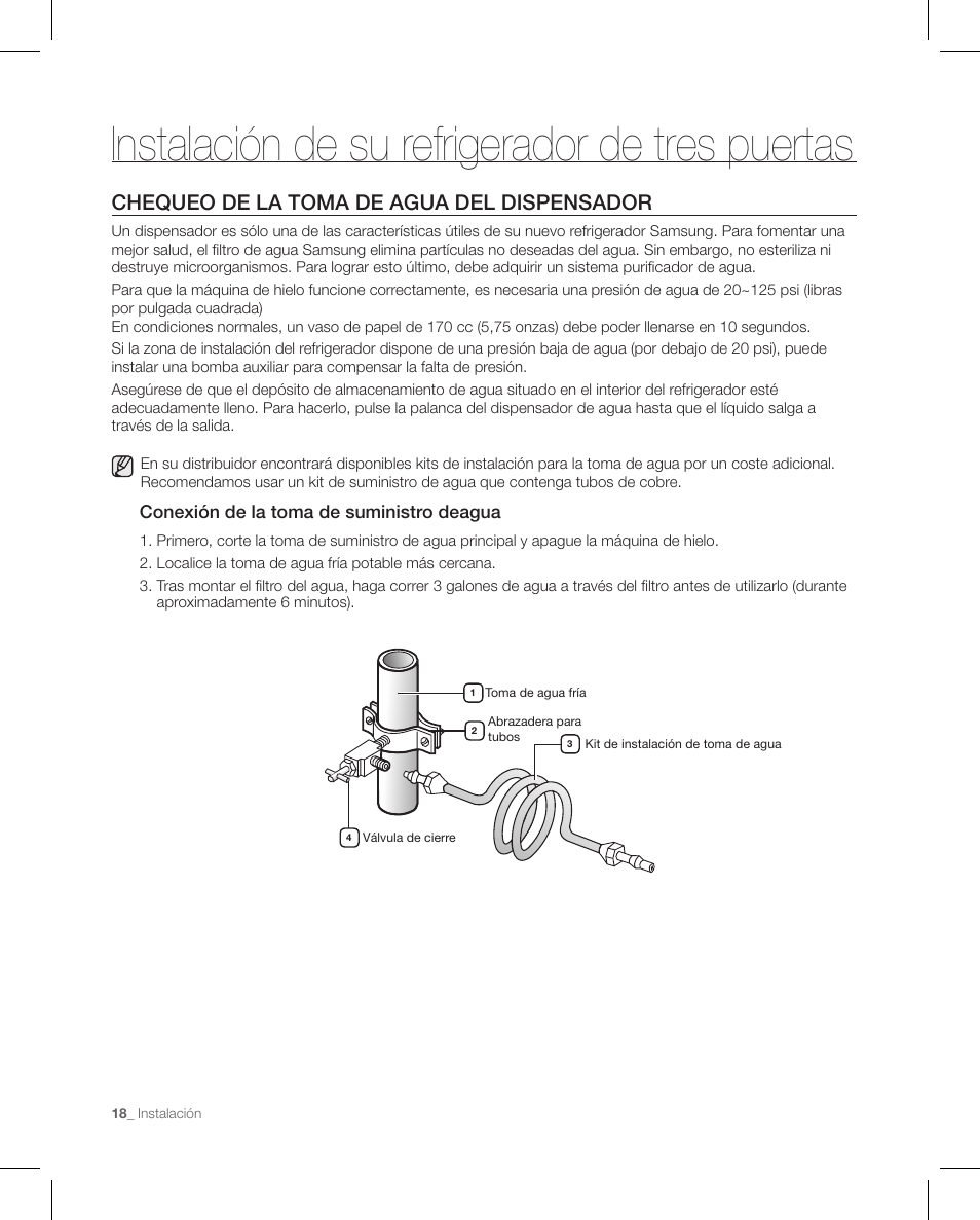 Instalación de su refrigerador de tres puertas, Chequeo de la toma de agua del dispensador | Samsung RFG297AAPN-XAA User Manual | Page 60 / 84