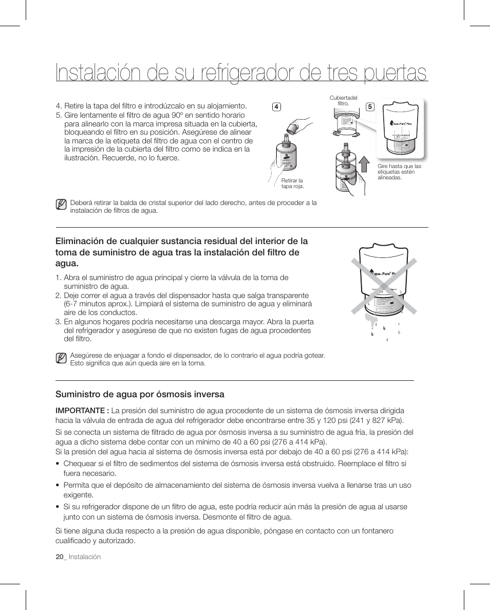 Instalación de su refrigerador de tres puertas | Samsung RFG297AAPN-XAA User Manual | Page 62 / 84
