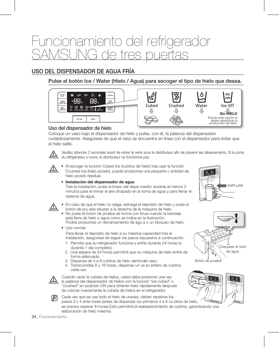 Uso del dispensador de agua fría | Samsung RFG297AAPN-XAA User Manual | Page 66 / 84