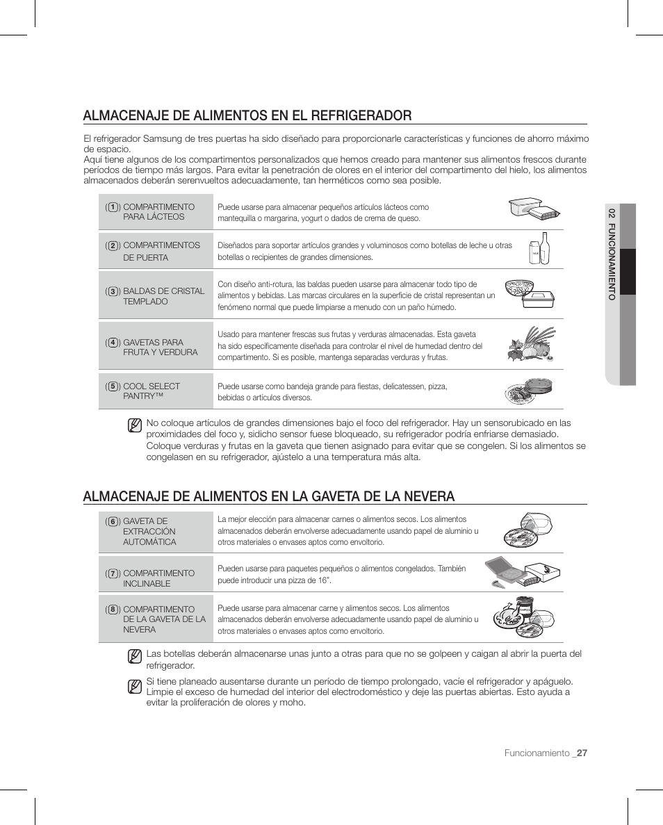 Almacenaje de alimentos en el refrigerador, Almacenaje de alimentos en la gaveta de la nevera | Samsung RFG297AAPN-XAA User Manual | Page 69 / 84