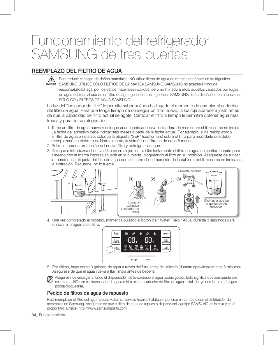 Reemplazo del filtro de agua | Samsung RFG297AAPN-XAA User Manual | Page 76 / 84