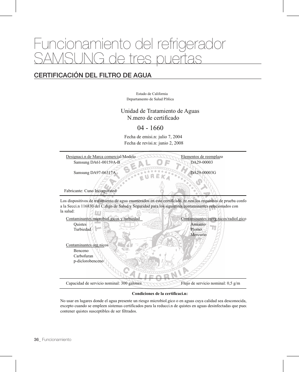 Certificación del filtro de agua | Samsung RFG297AAPN-XAA User Manual | Page 78 / 84