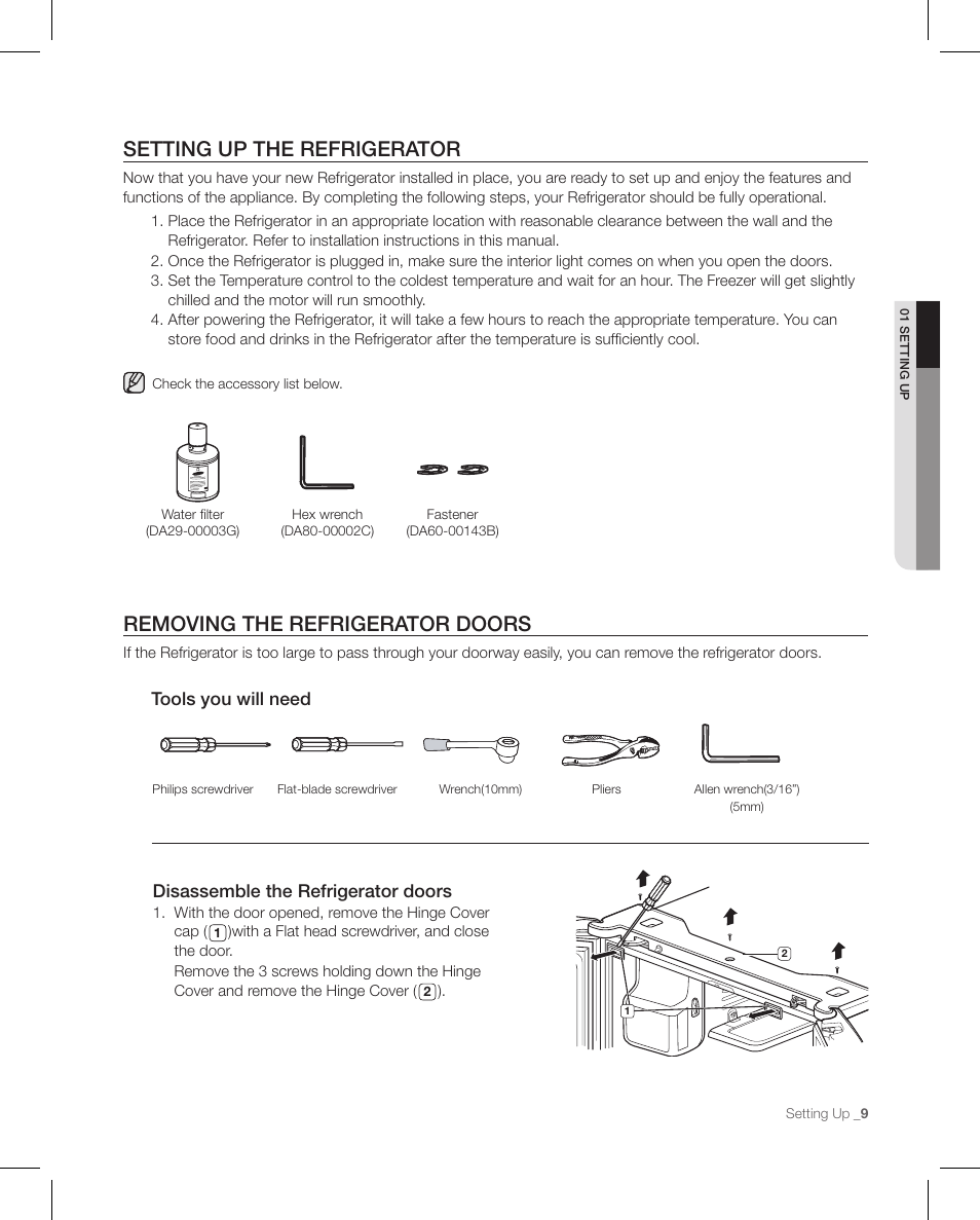 Removing the refrigerator doors, Setting up the refrigerator | Samsung RFG297AAPN-XAA User Manual | Page 9 / 84