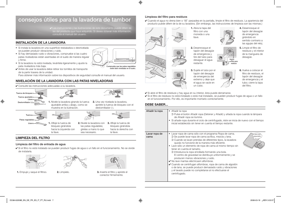 Spanish, Consejos útiles para la lavadora de tambor | Samsung WF42H5400AW-A2 User Manual | Page 7 / 14