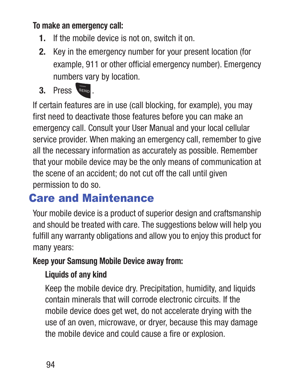 Care and maintenance | Samsung SGH-S150ZKATFN User Manual | Page 100 / 130