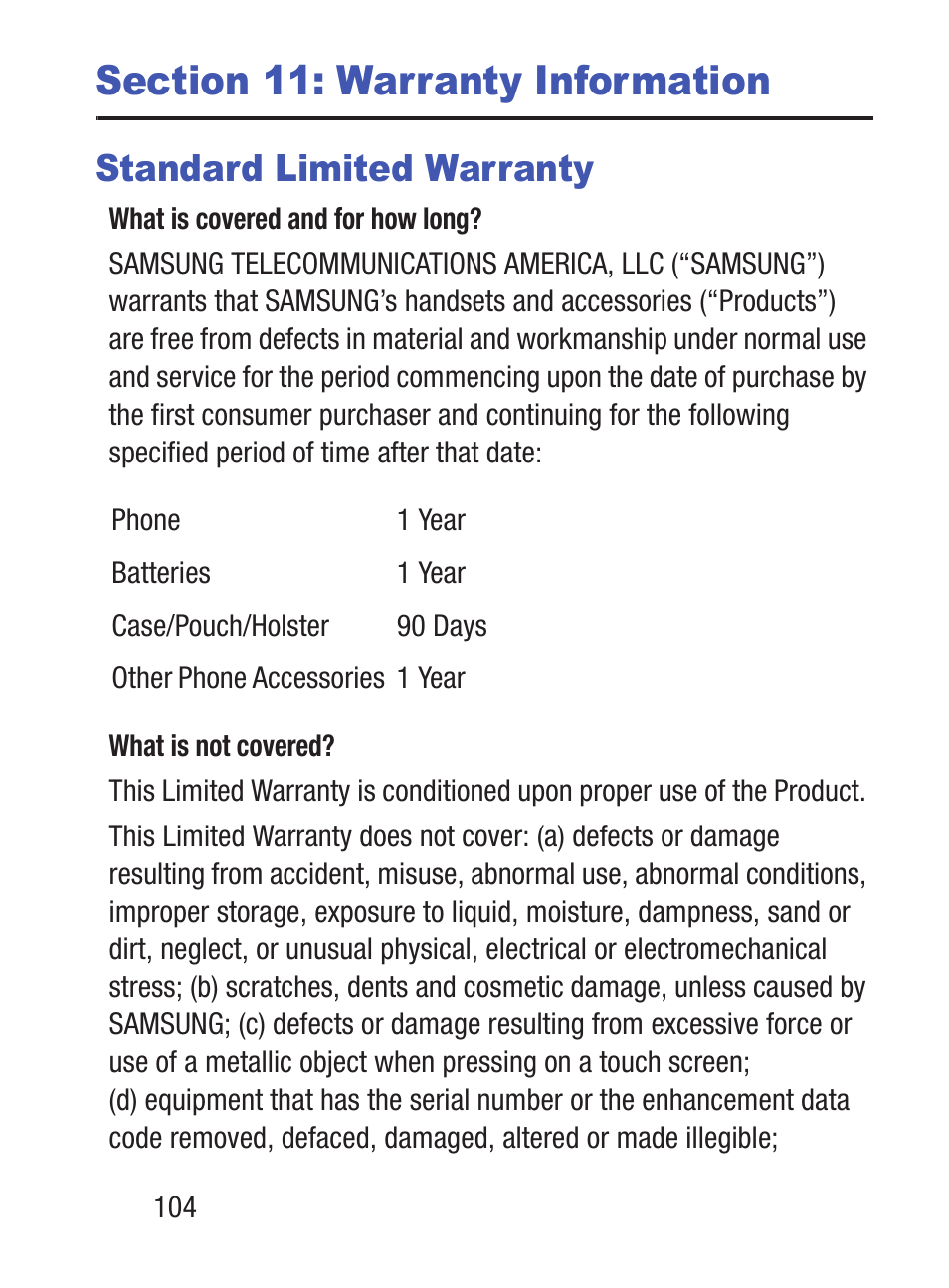 Section 11: warranty information, Standard limited warranty | Samsung SGH-S150ZKATFN User Manual | Page 110 / 130