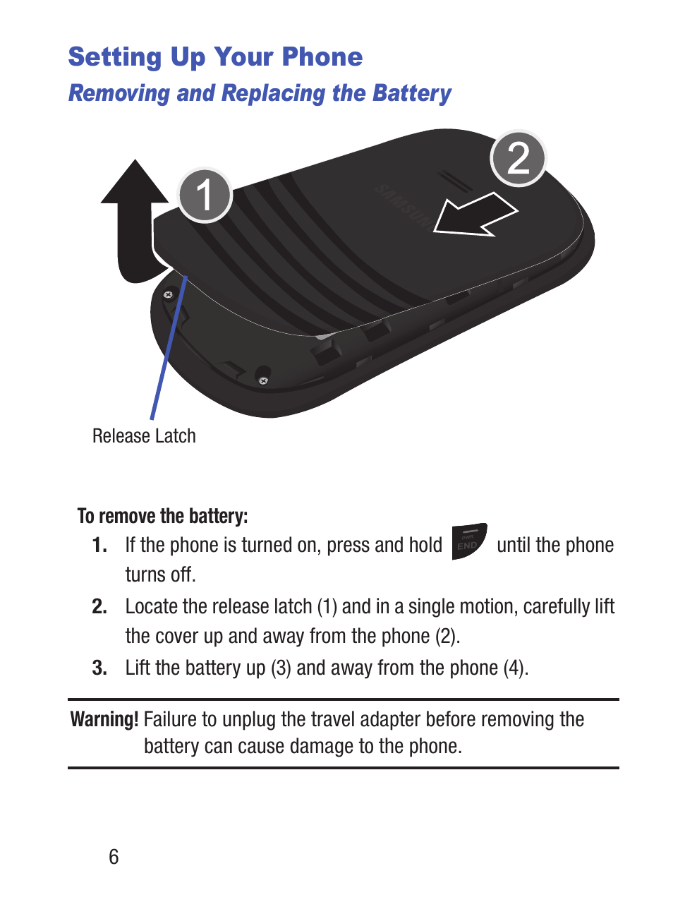 Setting up your phone, Removing and replacing the battery | Samsung SGH-S150ZKATFN User Manual | Page 12 / 130