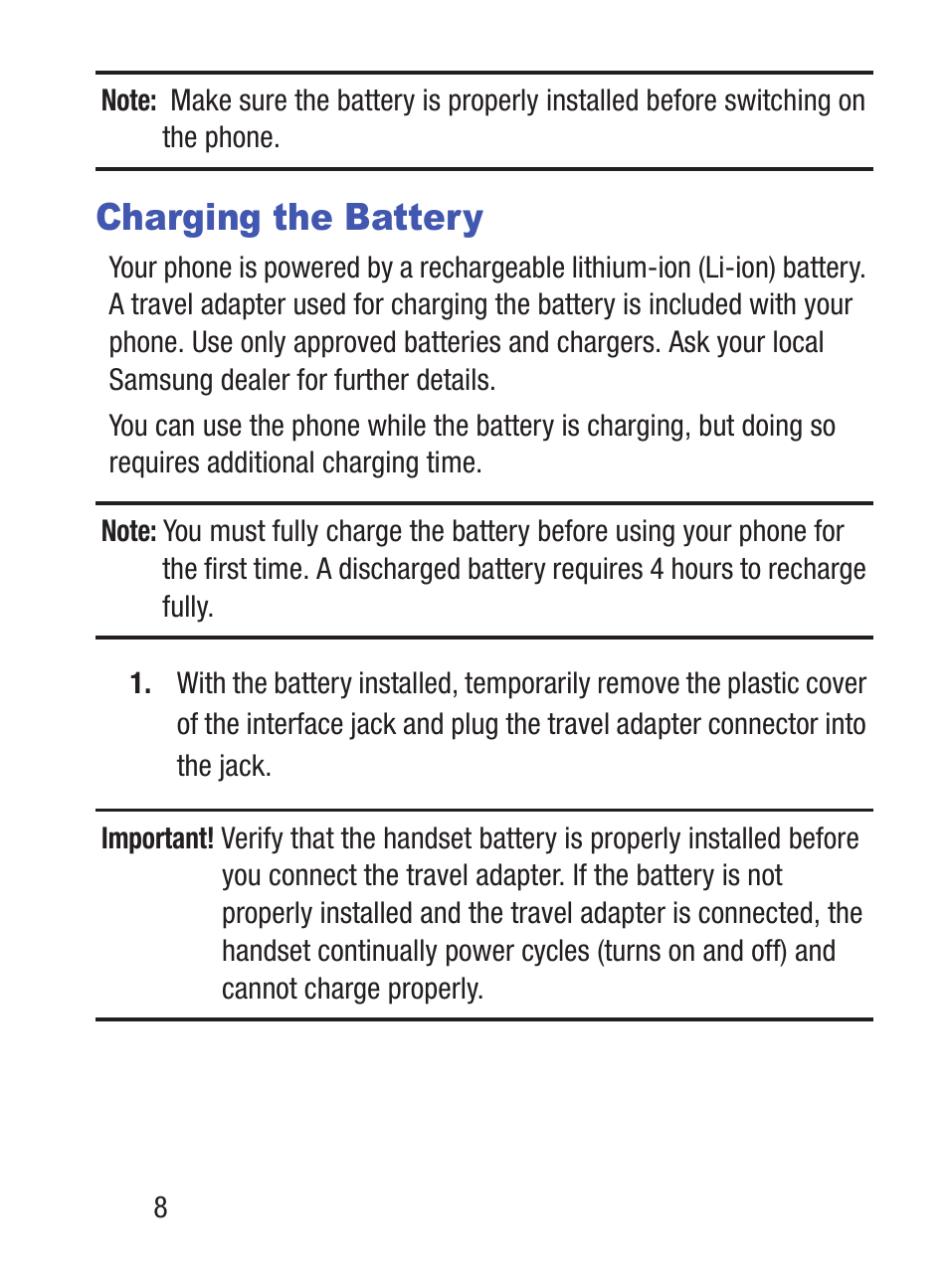 Charging the battery | Samsung SGH-S150ZKATFN User Manual | Page 14 / 130