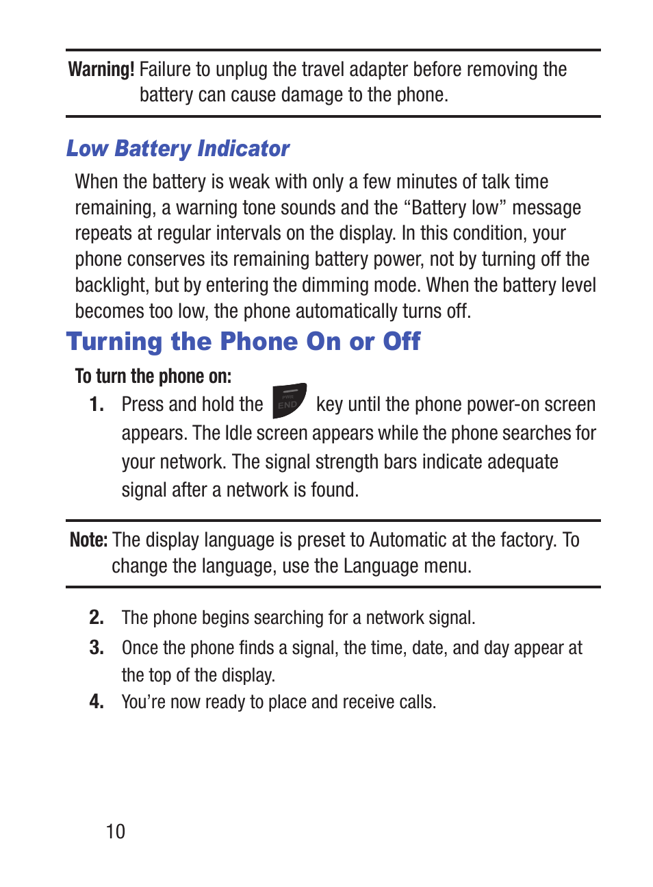 Turning the phone on or off, Low battery indicator | Samsung SGH-S150ZKATFN User Manual | Page 16 / 130