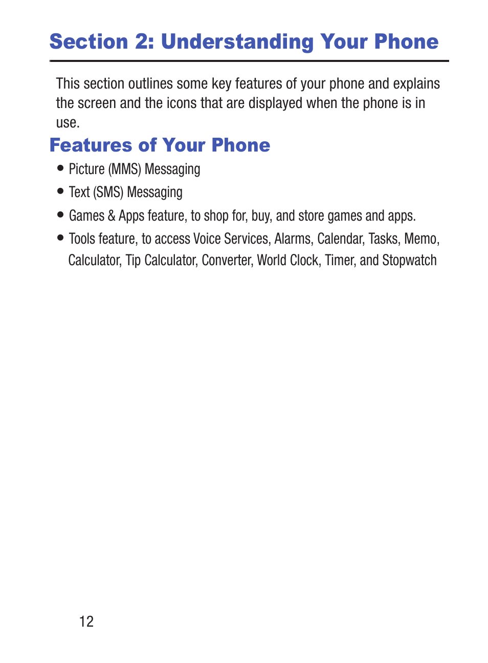 Section 2: understanding your phone, Features of your phone | Samsung SGH-S150ZKATFN User Manual | Page 18 / 130