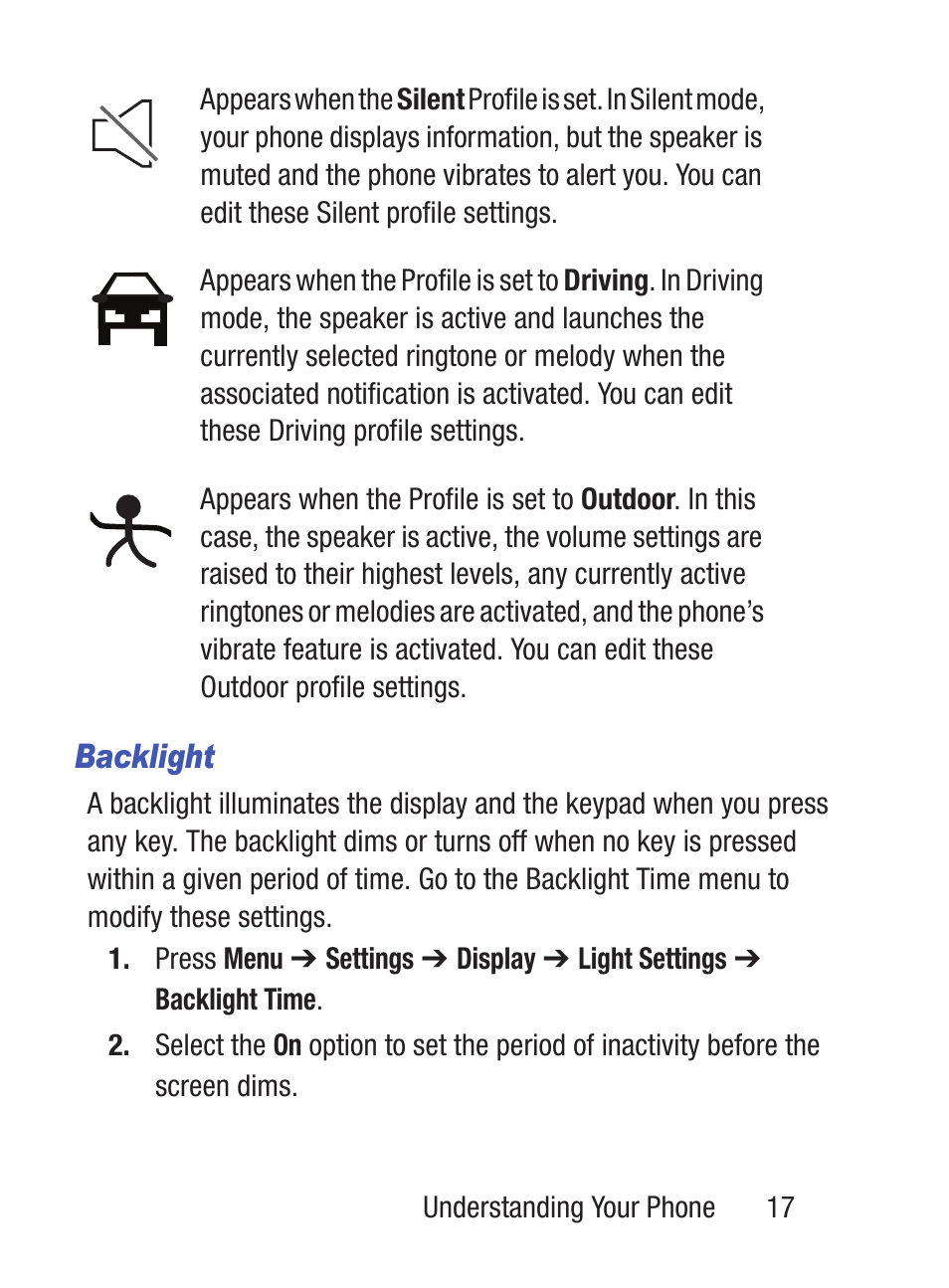 Backlight | Samsung SGH-S150ZKATFN User Manual | Page 23 / 130