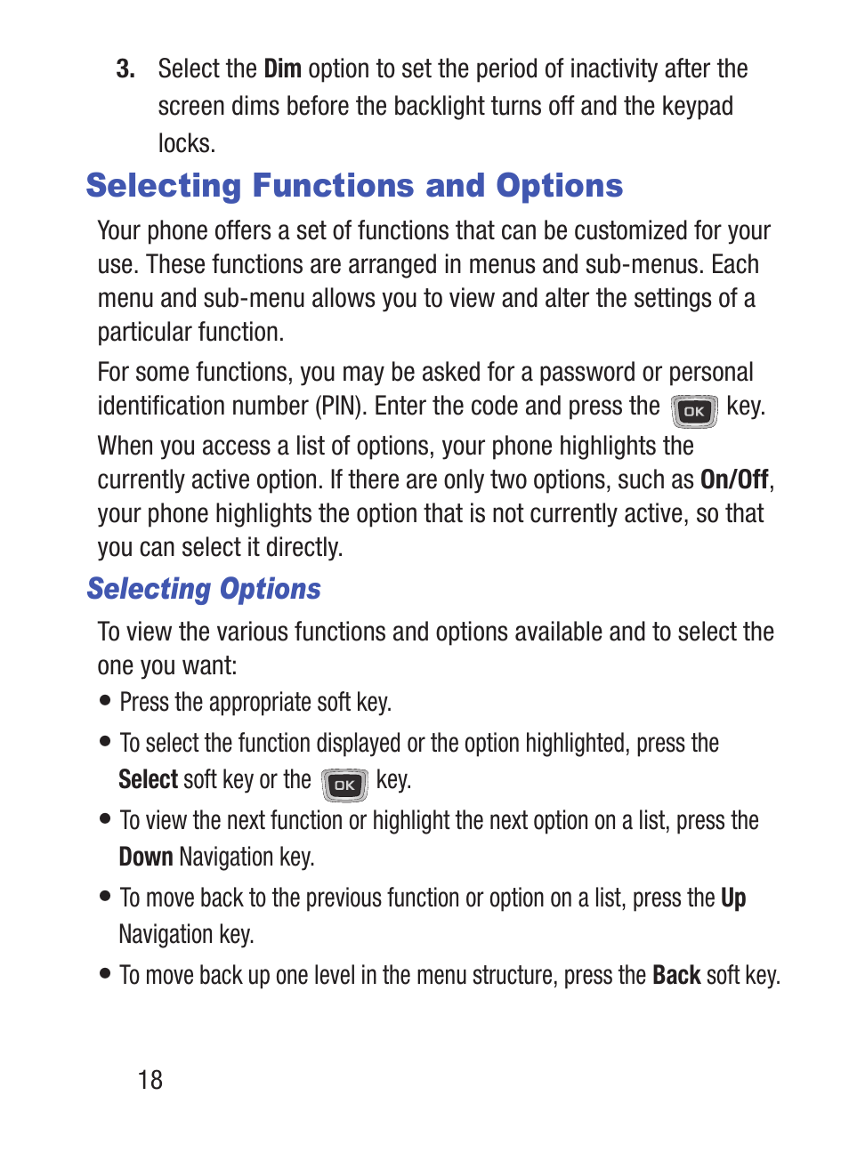 Selecting functions and options | Samsung SGH-S150ZKATFN User Manual | Page 24 / 130