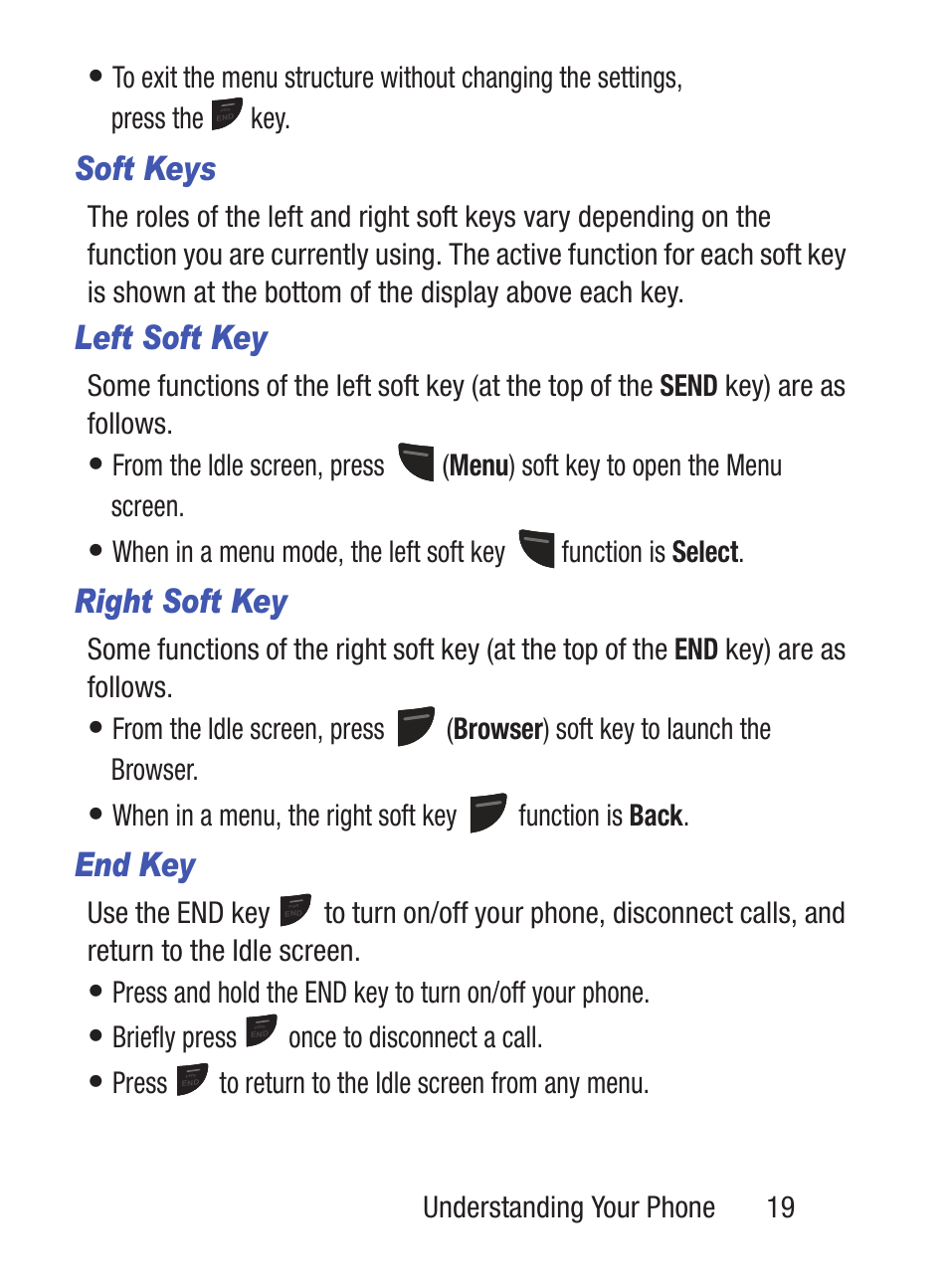 Soft keys, Left soft key, Right soft key | End key | Samsung SGH-S150ZKATFN User Manual | Page 25 / 130