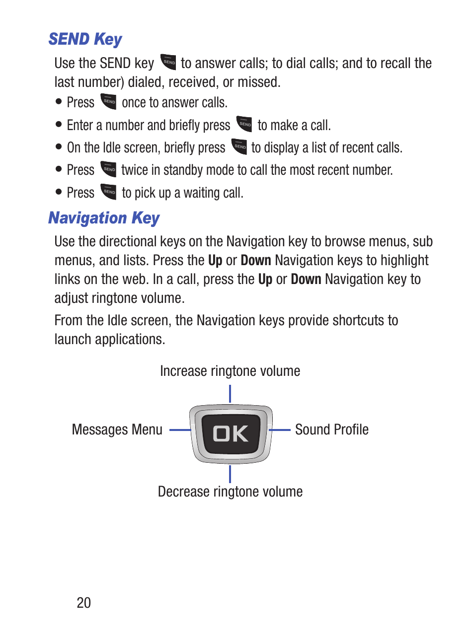 Send key, Navigation key | Samsung SGH-S150ZKATFN User Manual | Page 26 / 130