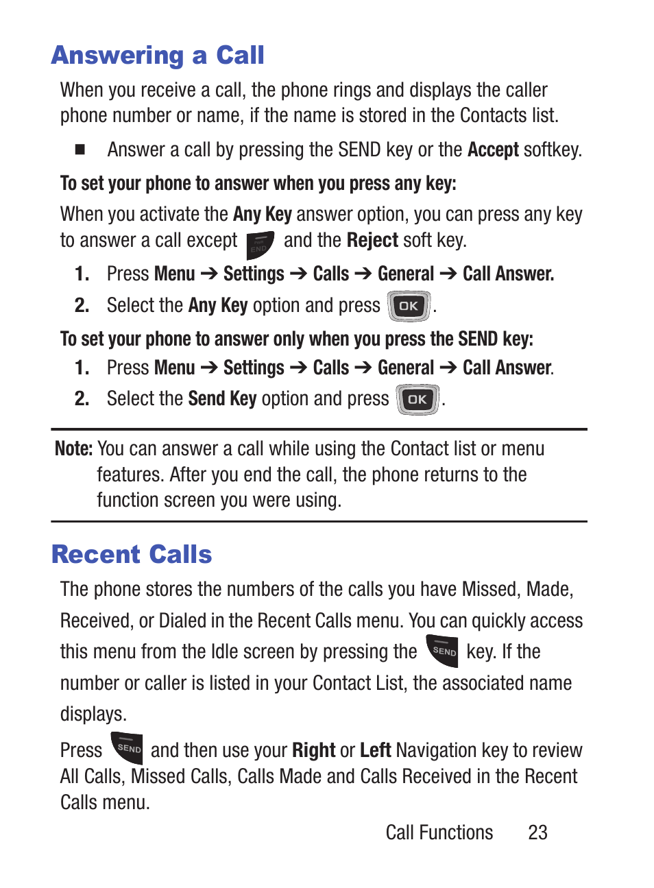 Answering a call, Recent calls, Answering a call recent calls | Samsung SGH-S150ZKATFN User Manual | Page 29 / 130