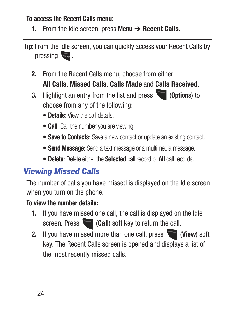 Viewing missed calls | Samsung SGH-S150ZKATFN User Manual | Page 30 / 130