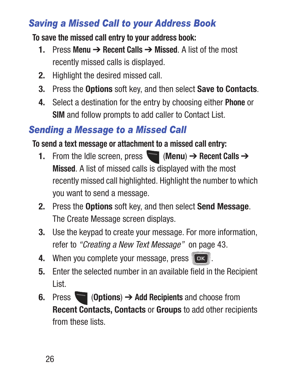 Saving a missed call to your address book, Sending a message to a missed call | Samsung SGH-S150ZKATFN User Manual | Page 32 / 130