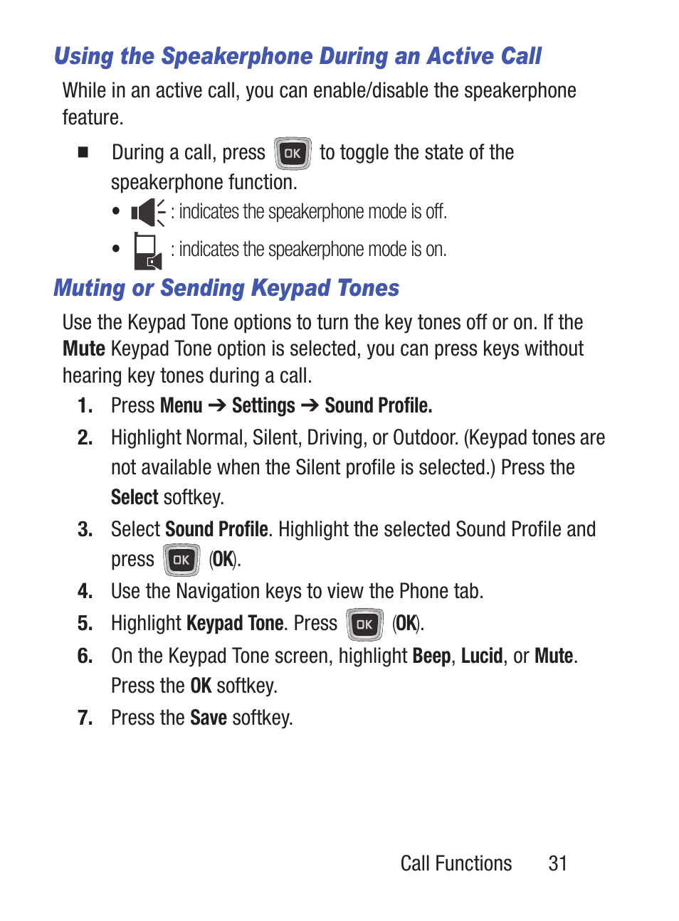 Using the speakerphone during an active call, Muting or sending keypad tones | Samsung SGH-S150ZKATFN User Manual | Page 37 / 130